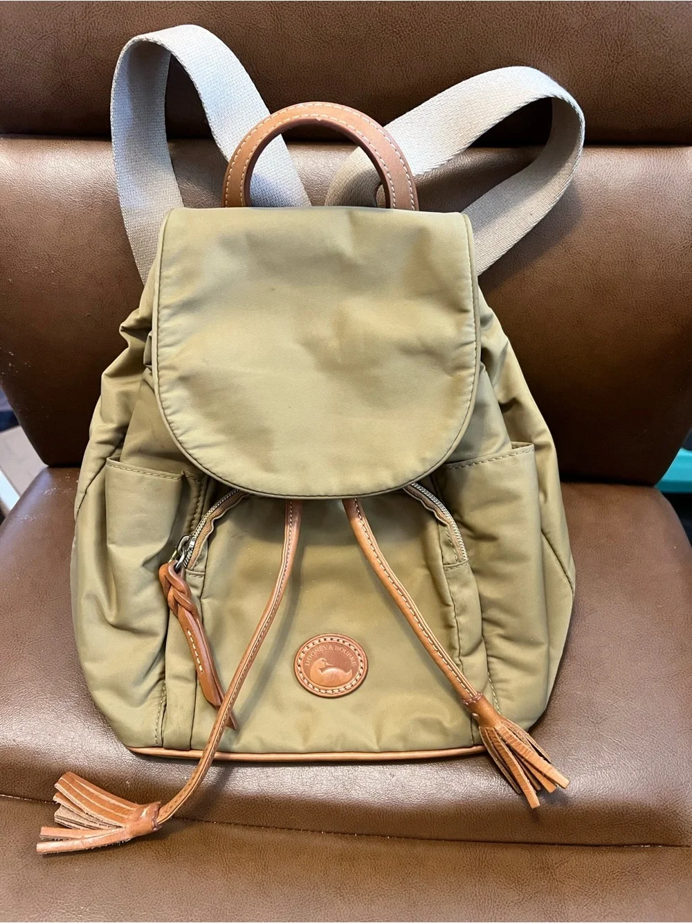 Dooney & Bourke Olive Nylon Backpack with Tan Leather Accents